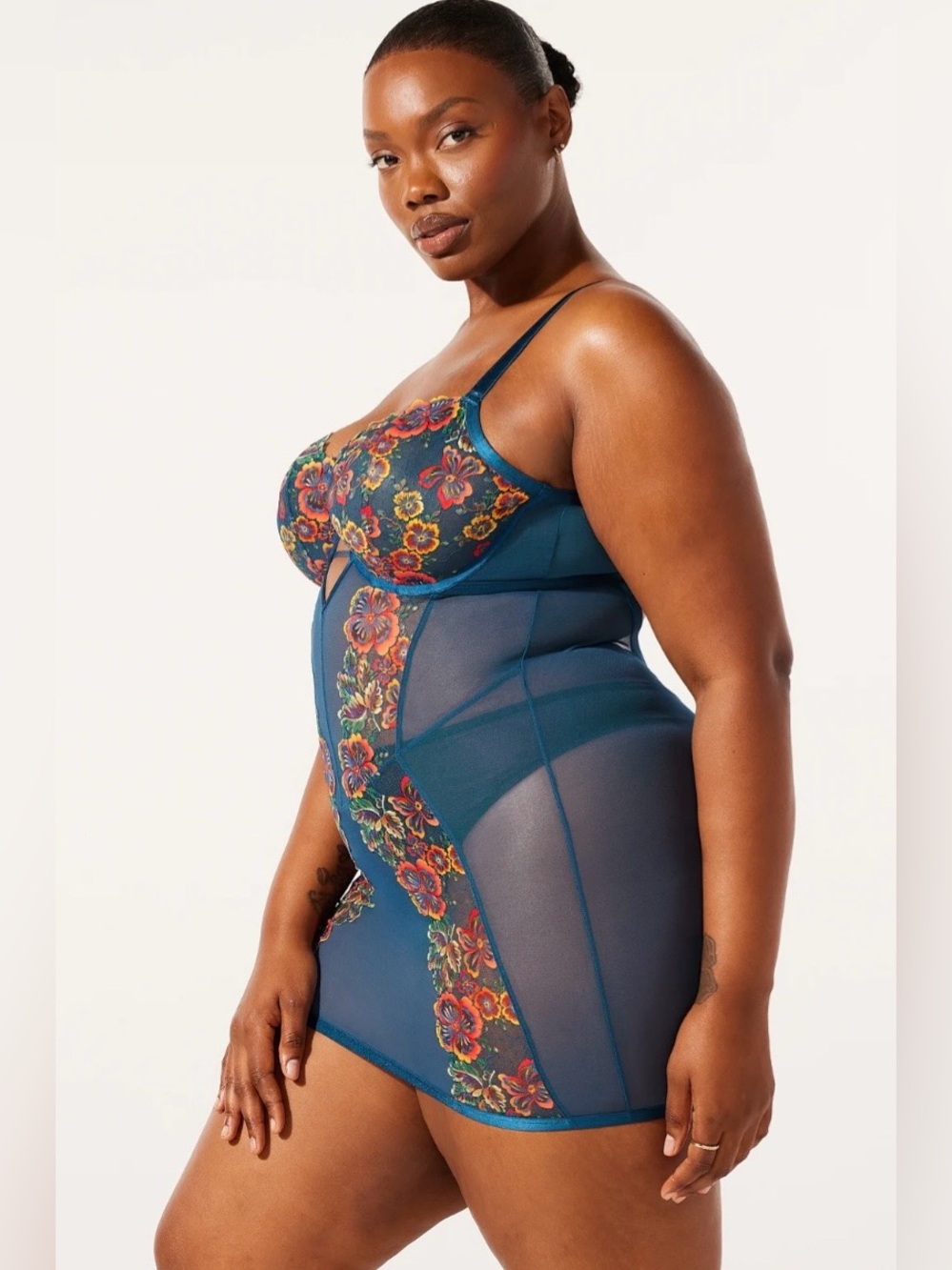Savage X Fenty Sunchaser Lace Underwire Slip Bawdy Blue Floral Mesh 3X